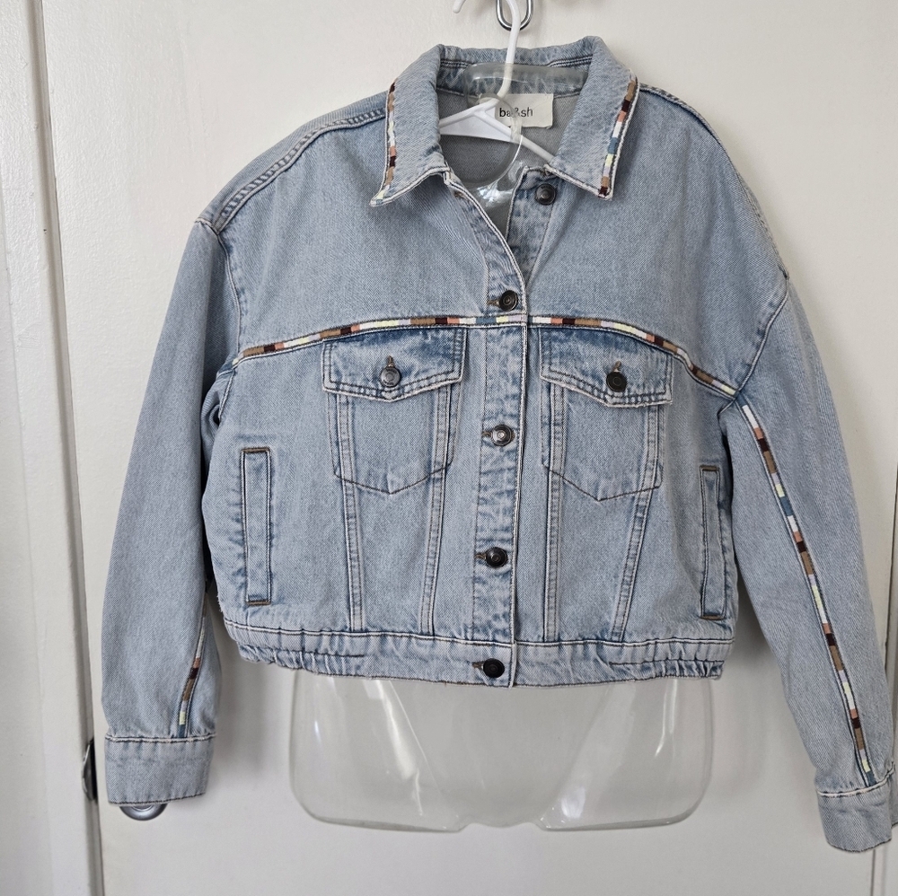 ba&sh Light Wash Denim Jacket with Multicolor Stitched Trim NWT